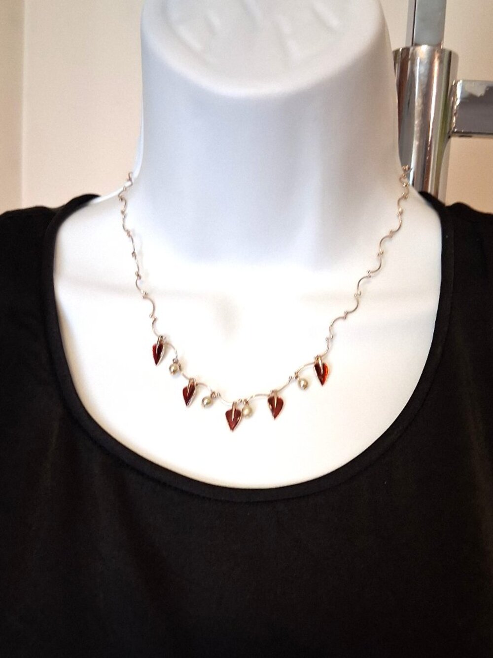Liz Claiborne Vintage Red Enameled Leaf Charms Pearl Silver-Plated Necklace